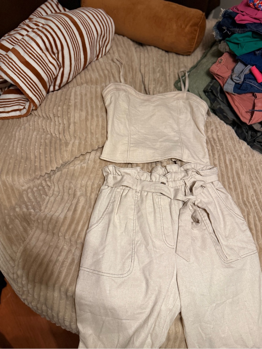 Sienna Sky Cream Strapless Corset Top & Paperbag Waist Pants Set